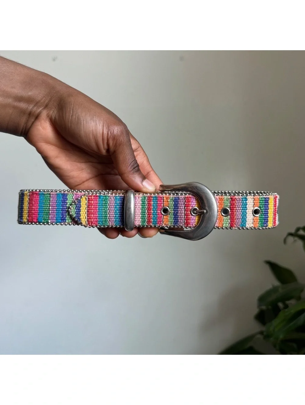 Rare Elite Fresno CA Multicolor Woven Striped Belt with Silver Beaded Trim - M
